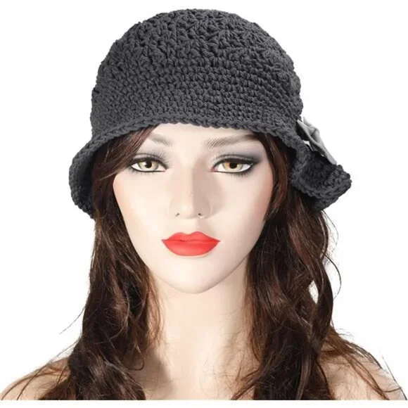 Women Winter Crochet Bucket Hat Bow Gray